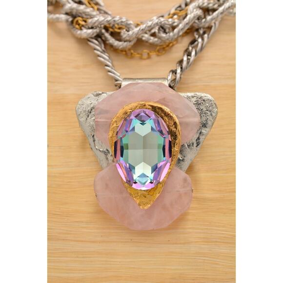 J. Jansen Brutalist Statement Necklace Crystal Pink Stone Chunky Signed Bin6A - Picture 7 of 12